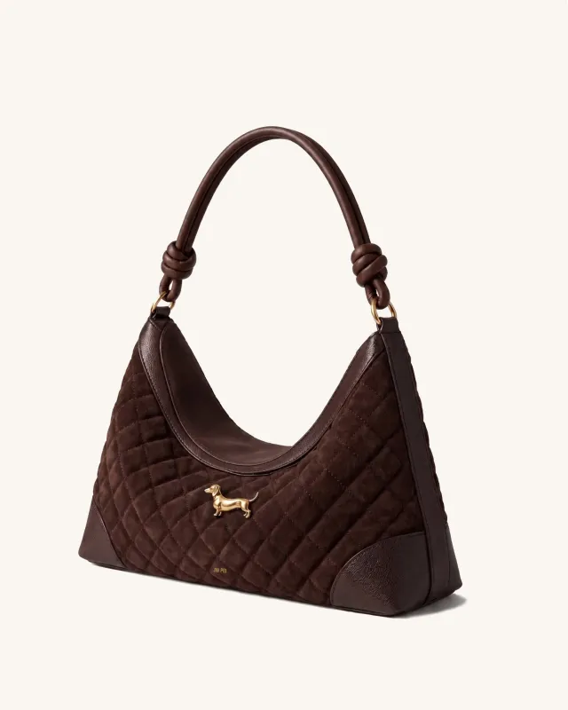 Riley Faux Suede Dachshund Quilted Hobo Shoulder Bag - Brown made by JW PEI