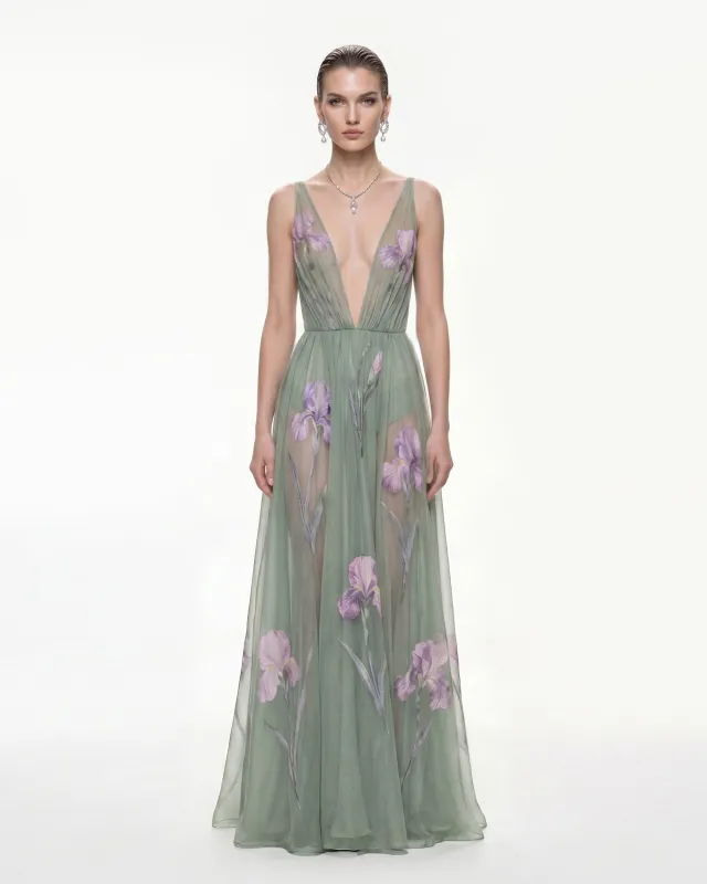 Sheer Floral Print Maxi Dress - Sage Green made by JW PEI