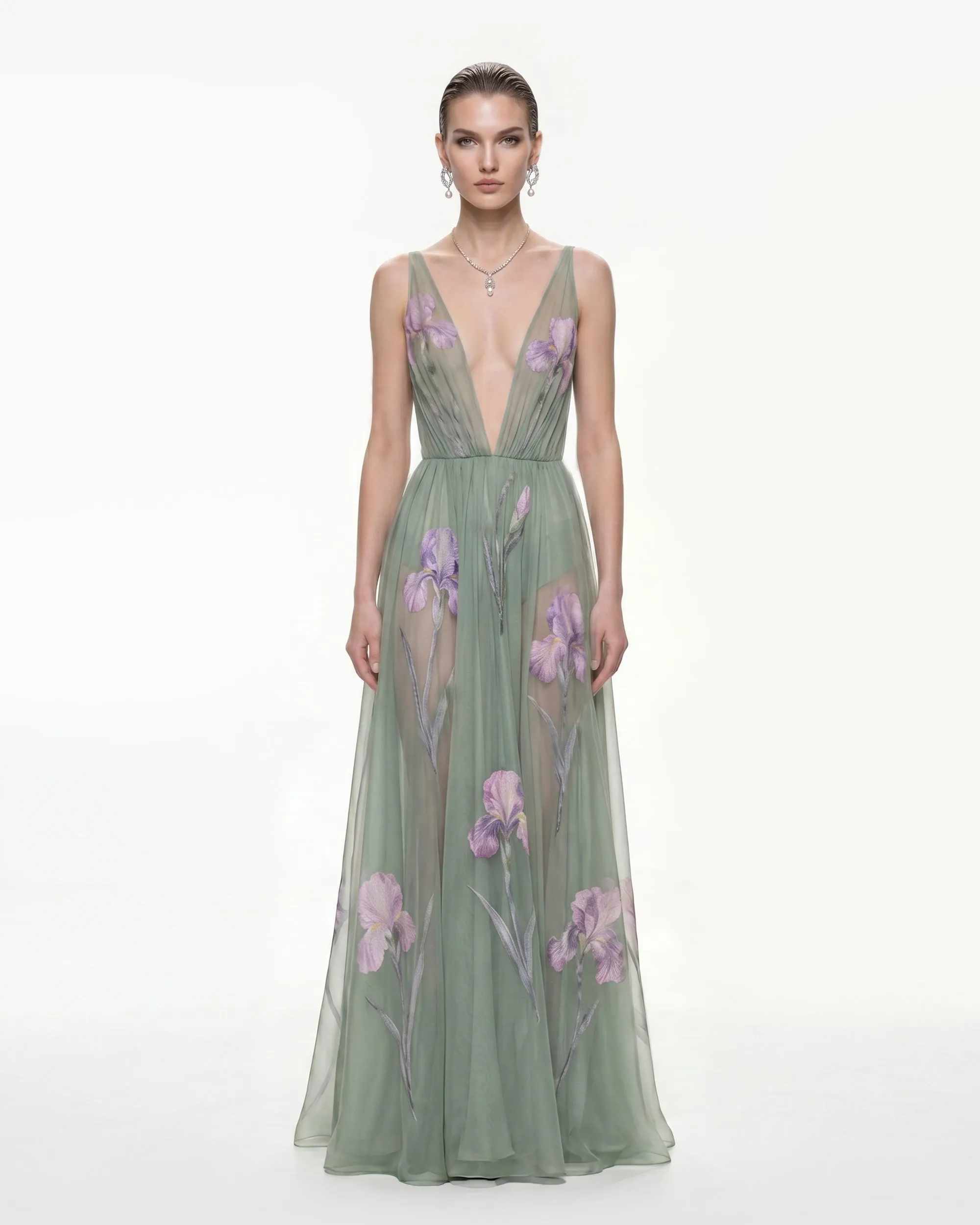 Sheer Floral Print Maxi Dress - Sage Green sold by JW PEI