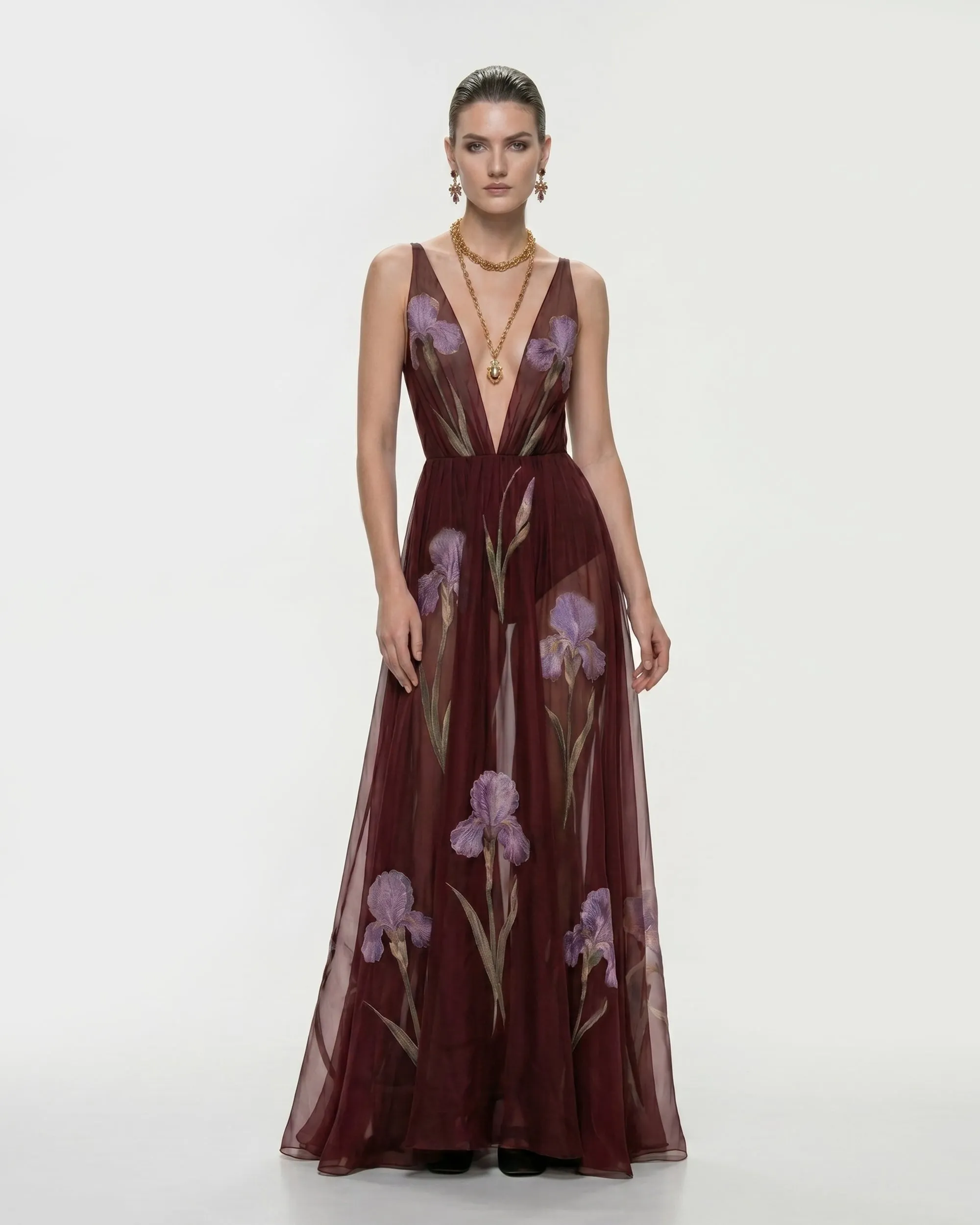 Sheer Floral Print Maxi Dress - Burgundy sold by JW PEI