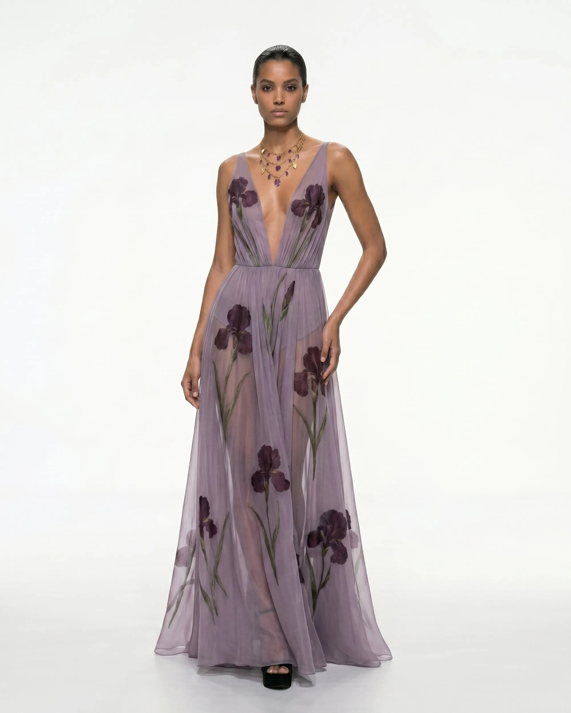 Sheer Floral Print Maxi Dress - Misty Lavender sold by JW PEI