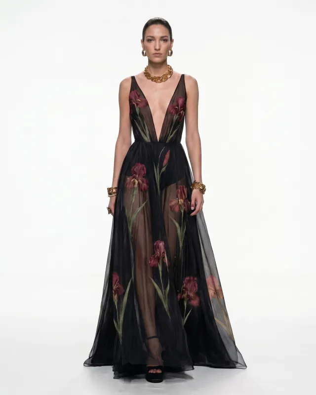Sheer Floral Print Maxi Dress - Black & Burgundy made by JW PEI