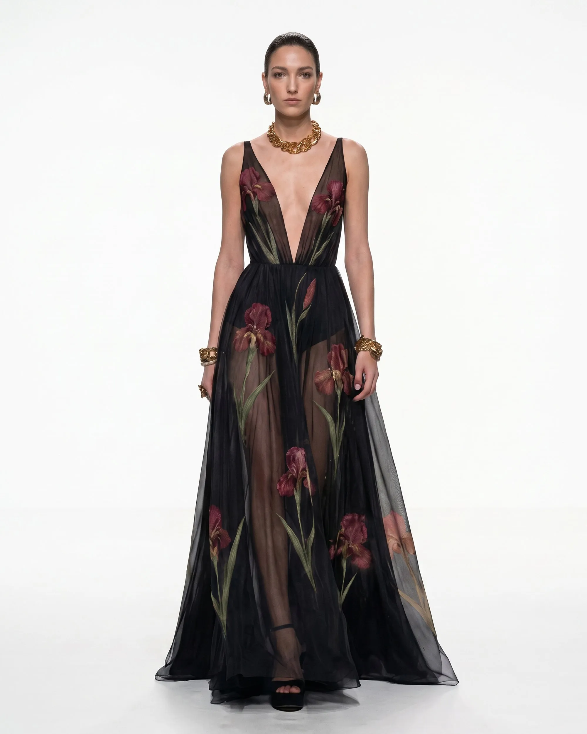 Sheer Floral Print Maxi Dress - Black & Burgundy sold by JW PEI