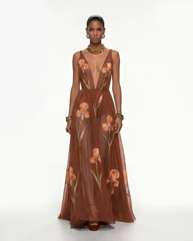 Sheer Floral Print Maxi Dress - Caramel Brown made by JW PEI
