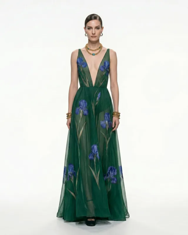 Sheer Floral Print Maxi Dress - Emerald Green made by JW PEI