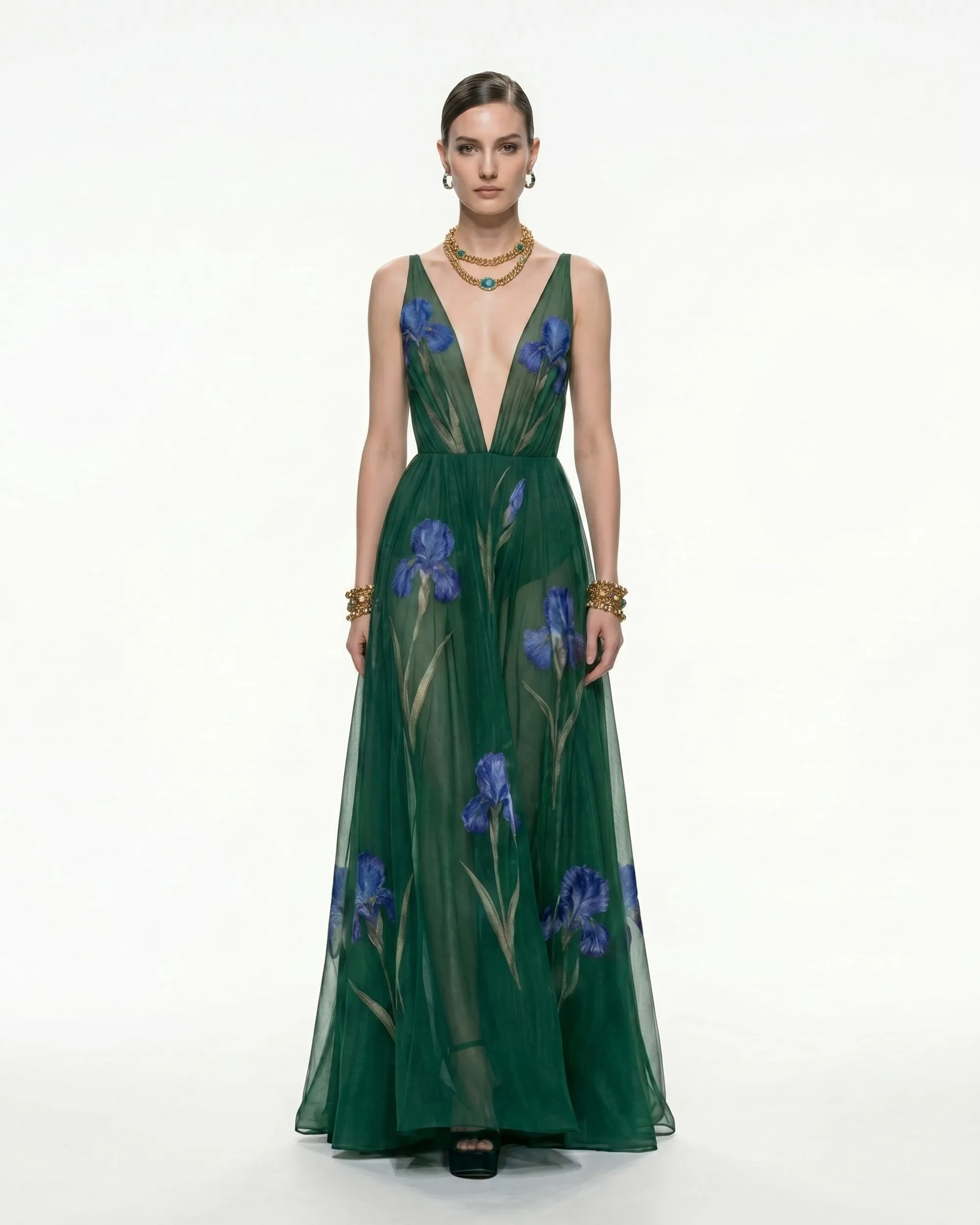 Sheer Floral Print Maxi Dress - Emerald Green sold by JW PEI