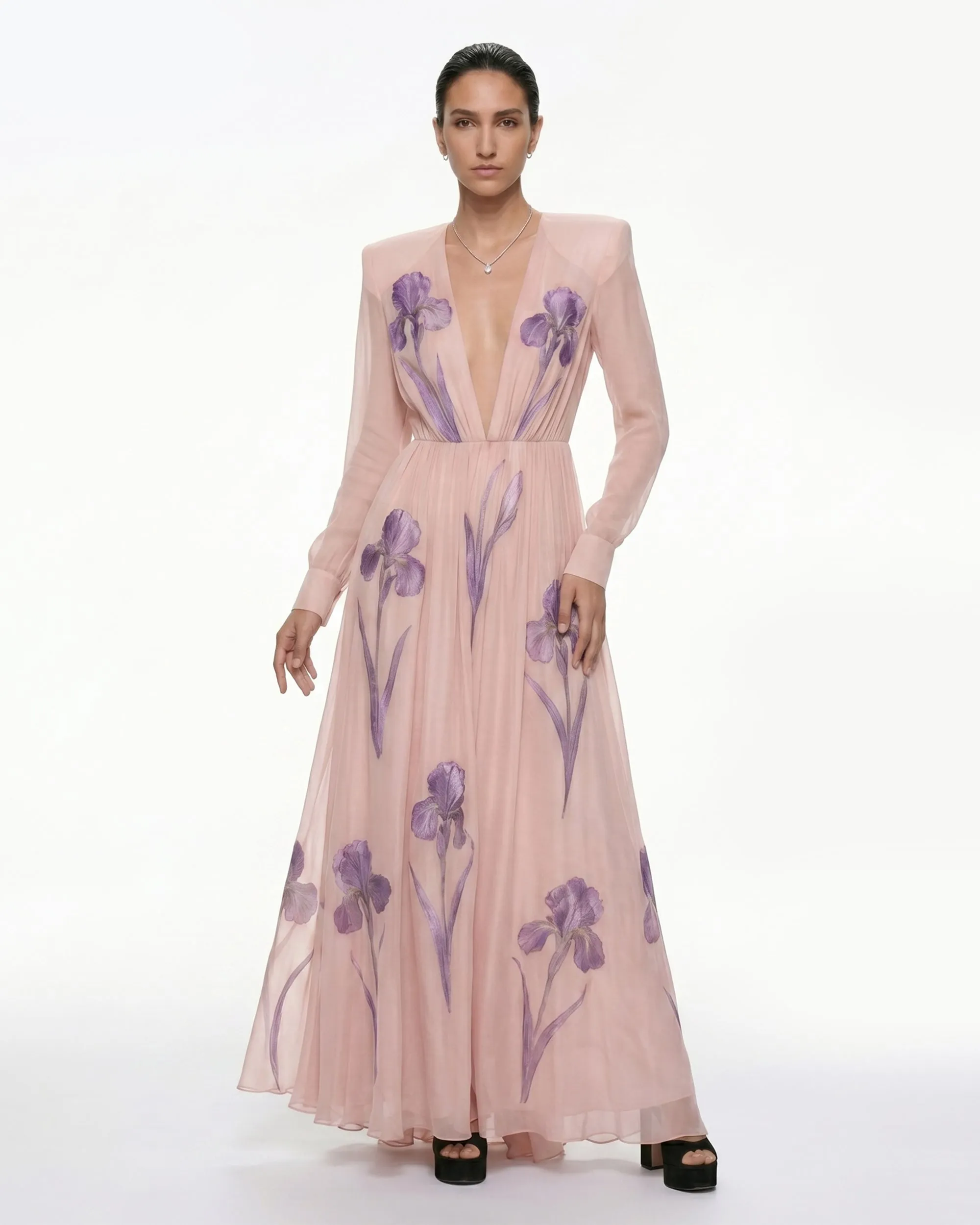 Iris Floral Print Long-Sleeve Sheer Gown - Blush Pink sold by JW PEI