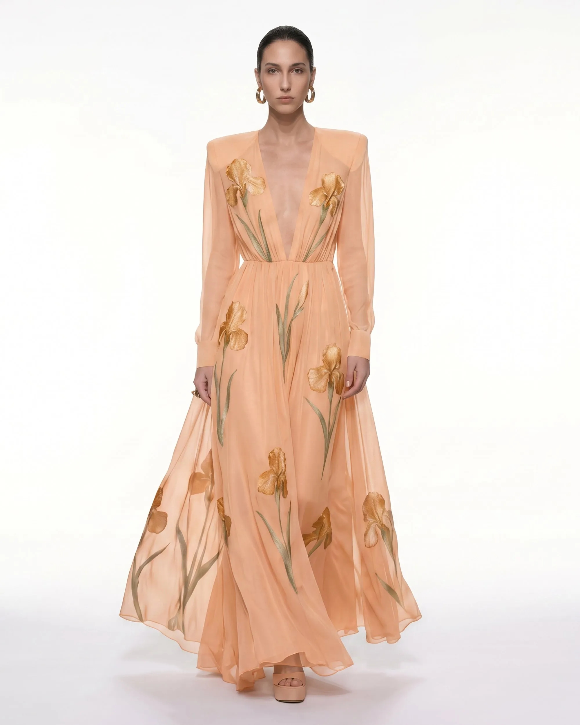 Iris Floral Print Long-Sleeve Sheer Gown - Apricot sold by JW PEI