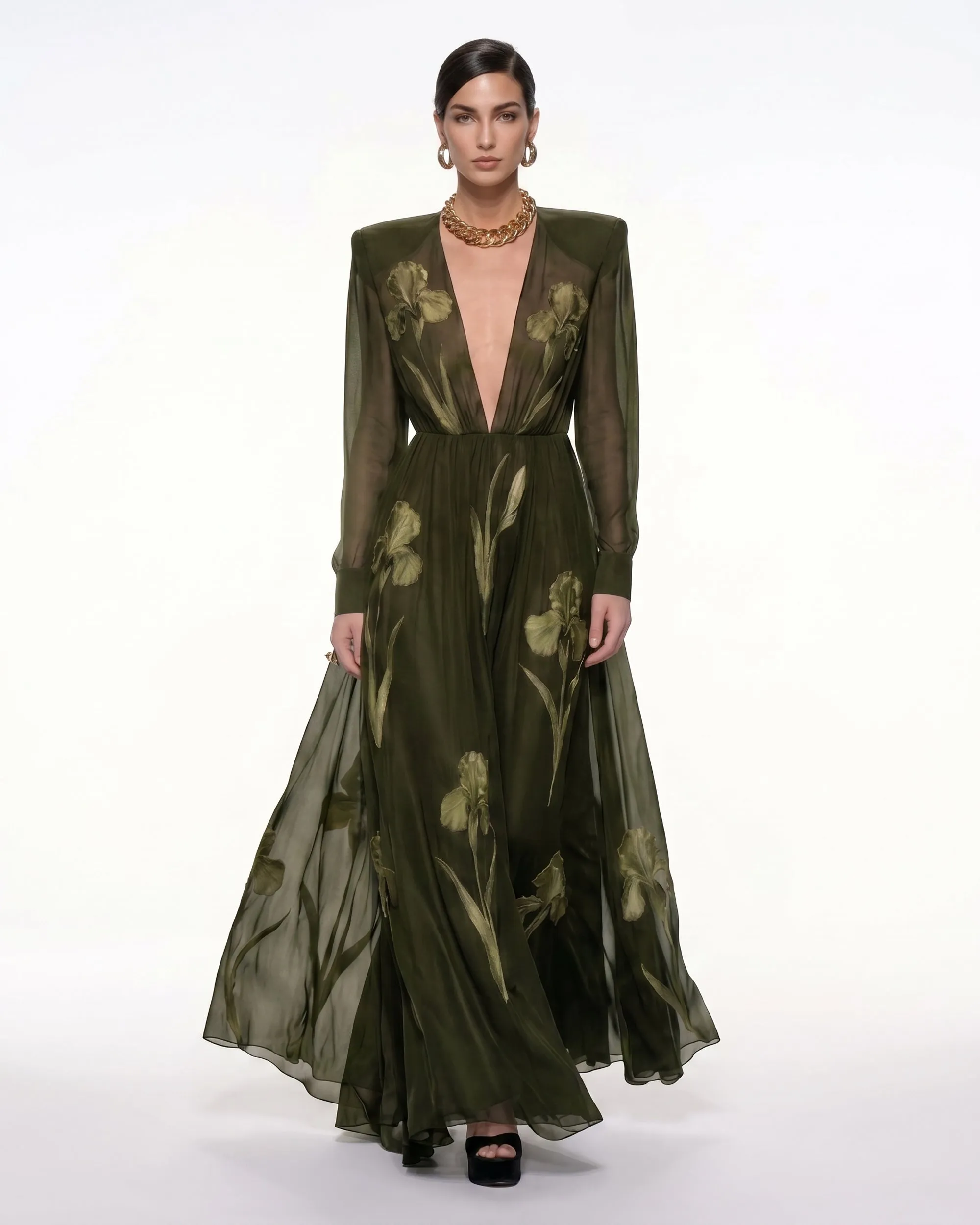 Iris Floral Print Long-Sleeve Sheer Gown - Olive Green sold by JW PEI