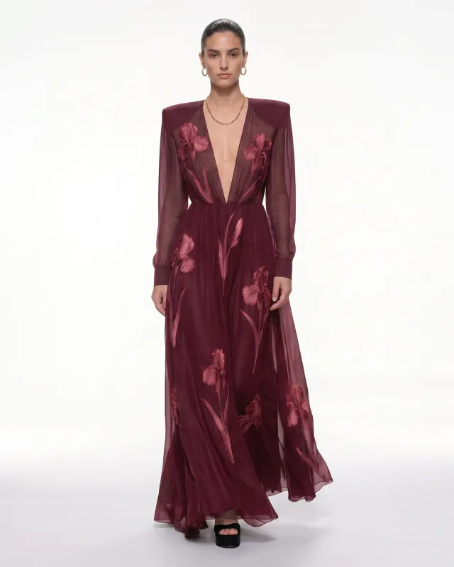 Iris Floral Print Long-Sleeve Sheer Gown - Burgundy made by JW PEI