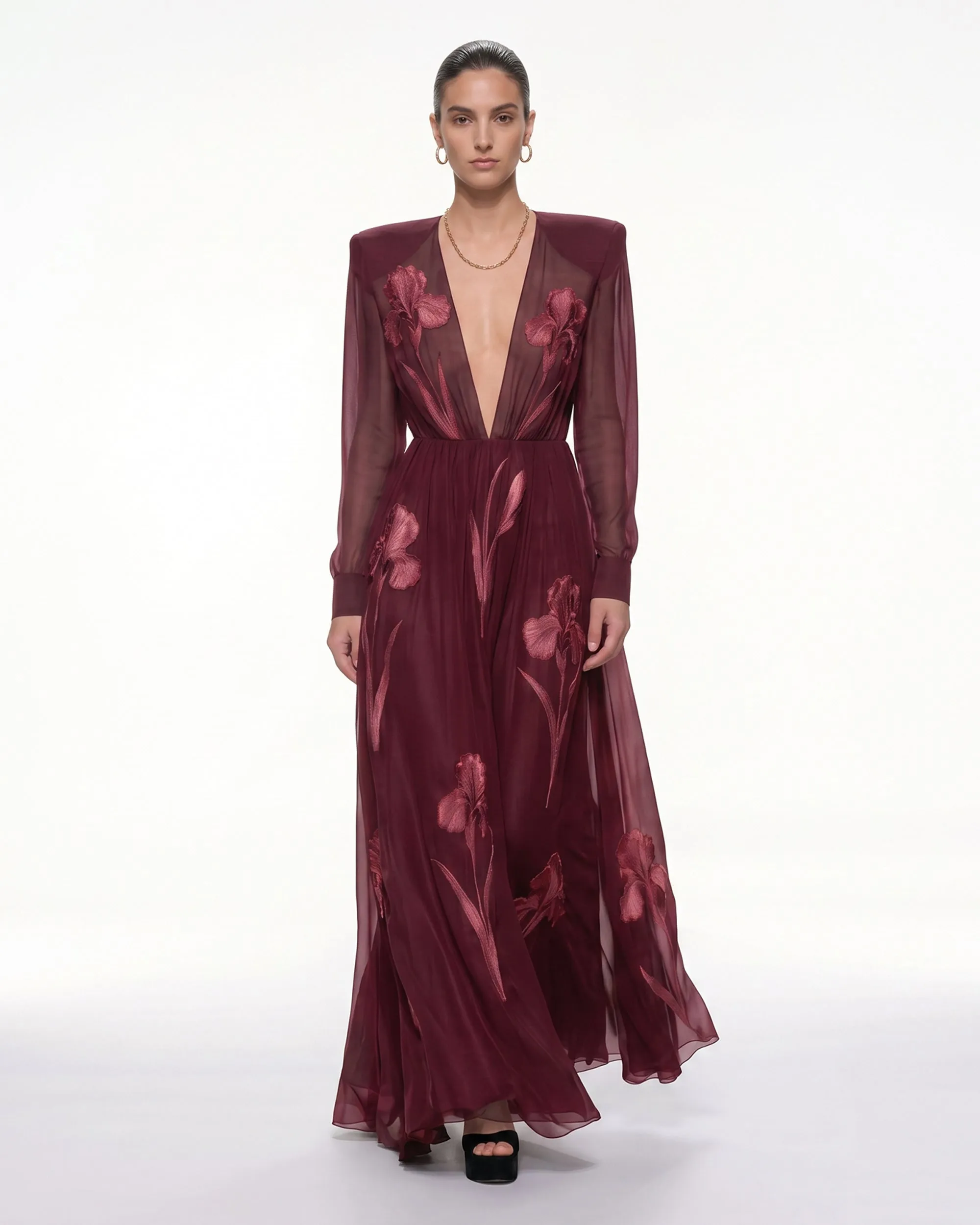 Iris Floral Print Long-Sleeve Sheer Gown - Burgundy sold by JW PEI
