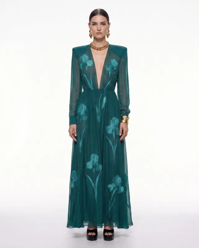 Iris Floral Print Long-Sleeve Sheer Gown - Peacock Green made by JW PEI