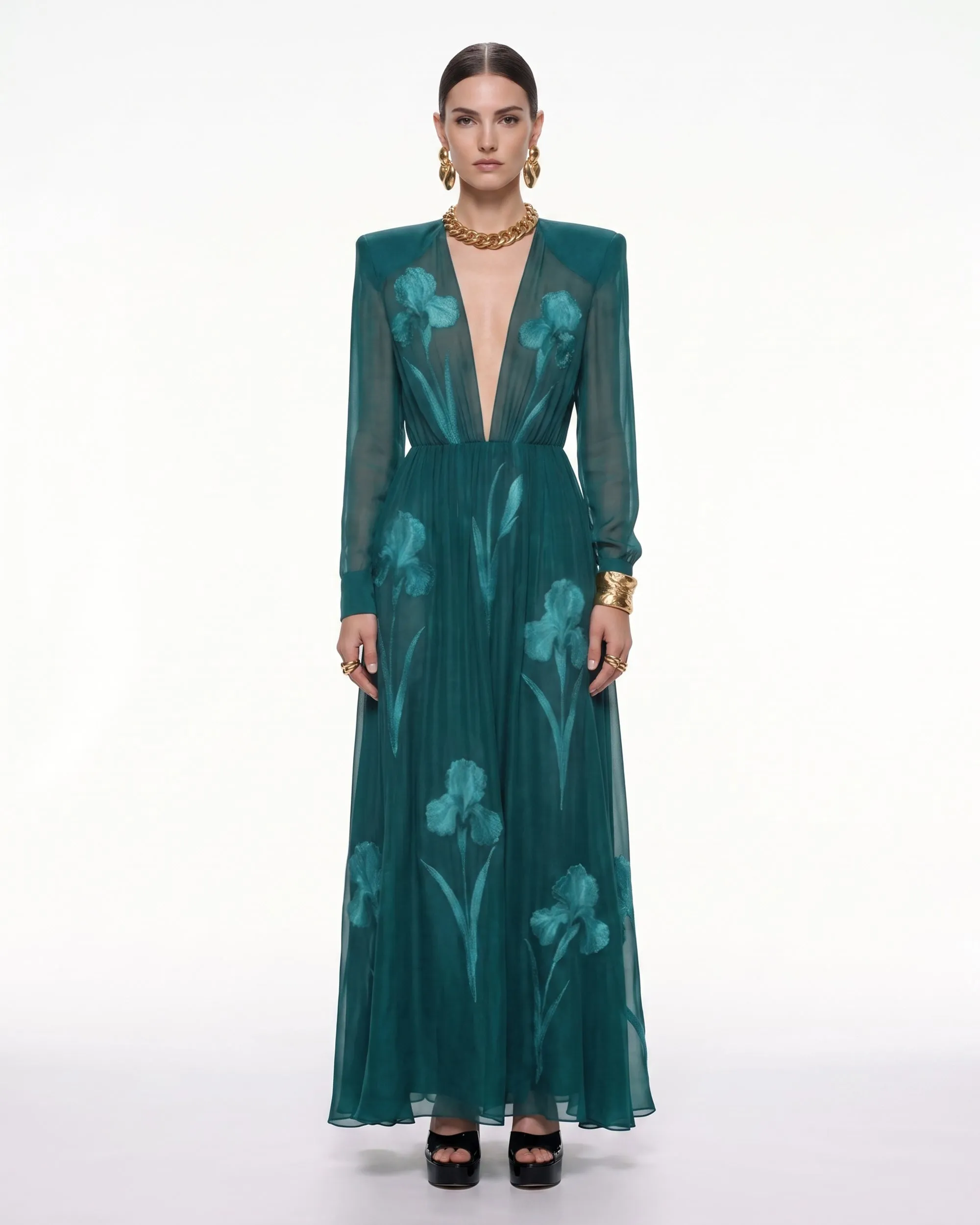 Iris Floral Print Long-Sleeve Sheer Gown - Peacock Green sold by JW PEI