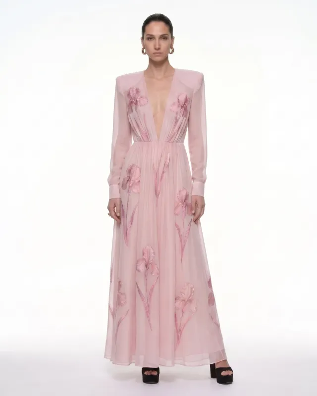 Iris Floral Print Long-Sleeve Sheer Gown - Dusty Pink made by JW PEI