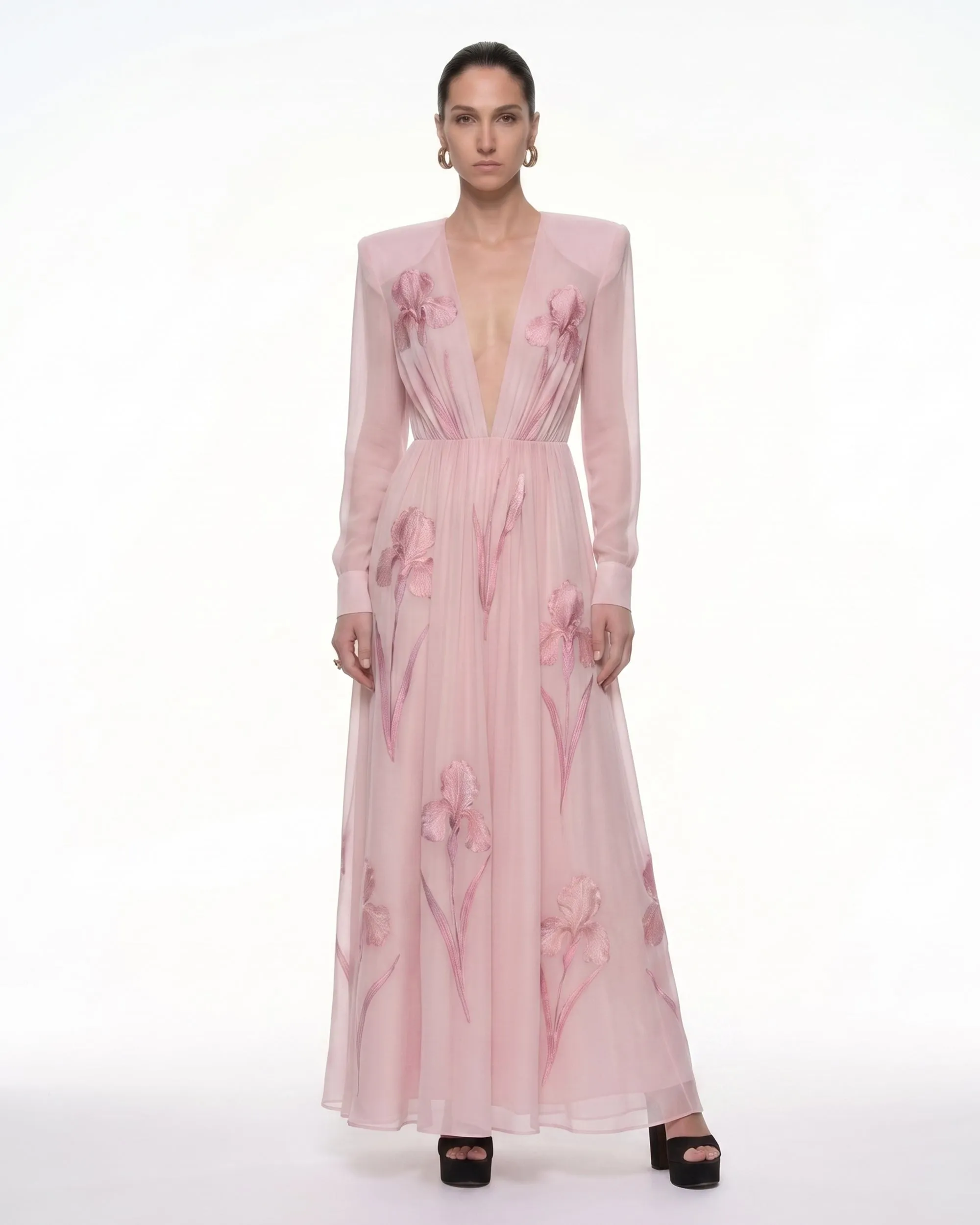 Iris Floral Print Long-Sleeve Sheer Gown - Dusty Pink sold by JW PEI