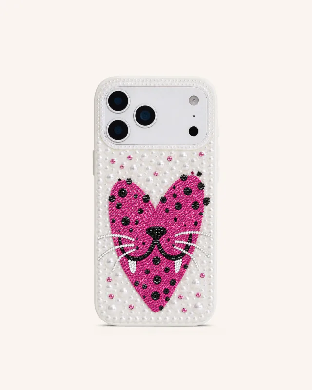 Leopard Heart Cat Imitation Pearl Phone Case - White made by JW PEI