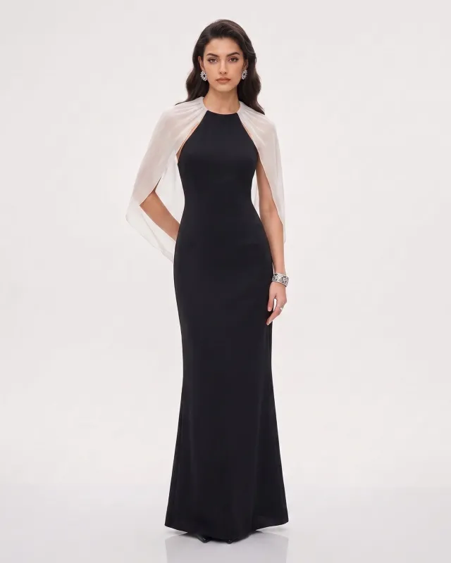 Halter Sheer Cape Maxi Gown - Black made by JW PEI