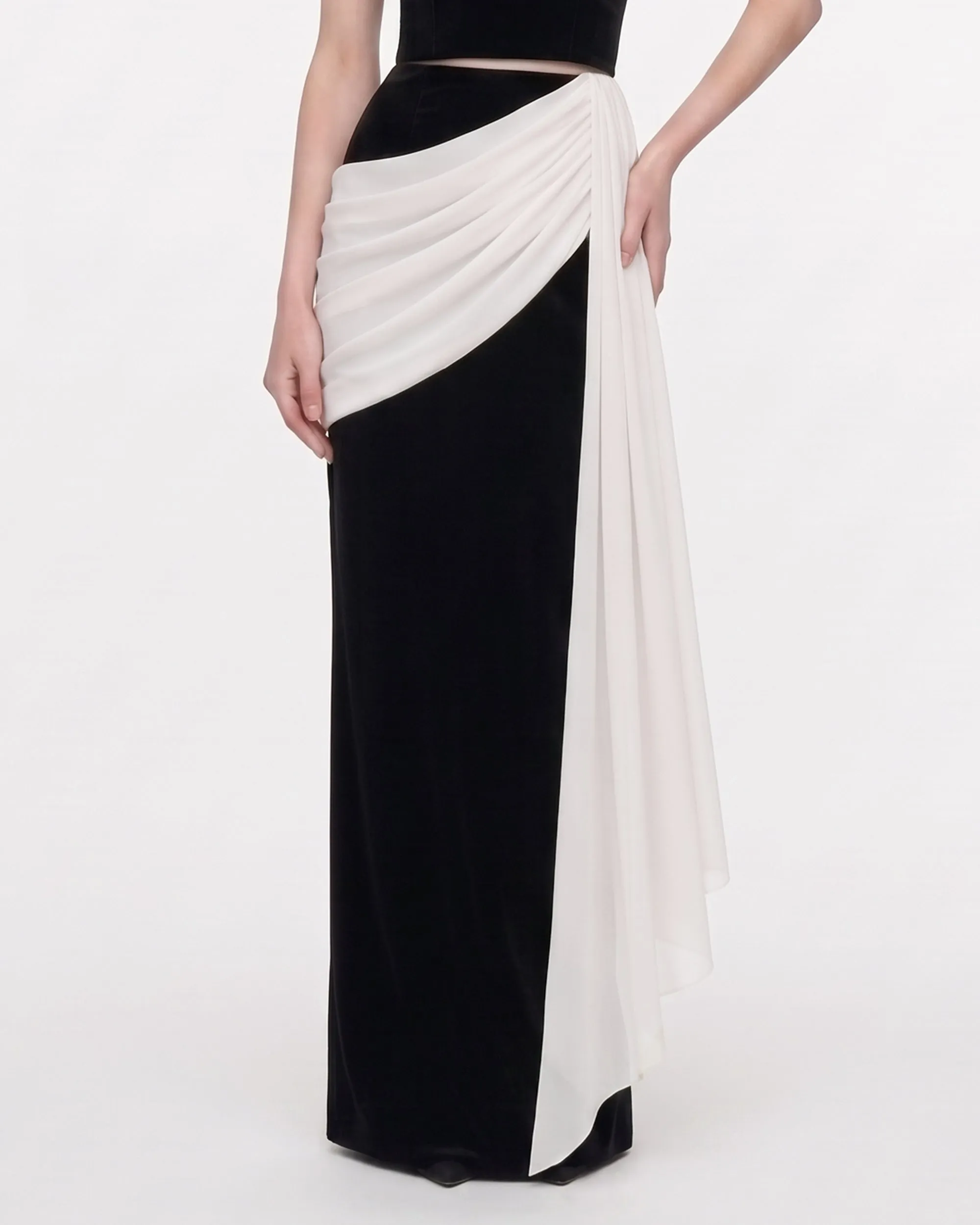 High-Waist Draped Contrast Maxi Skirt - Black & White sold by JW PEI product image thumbnail 2