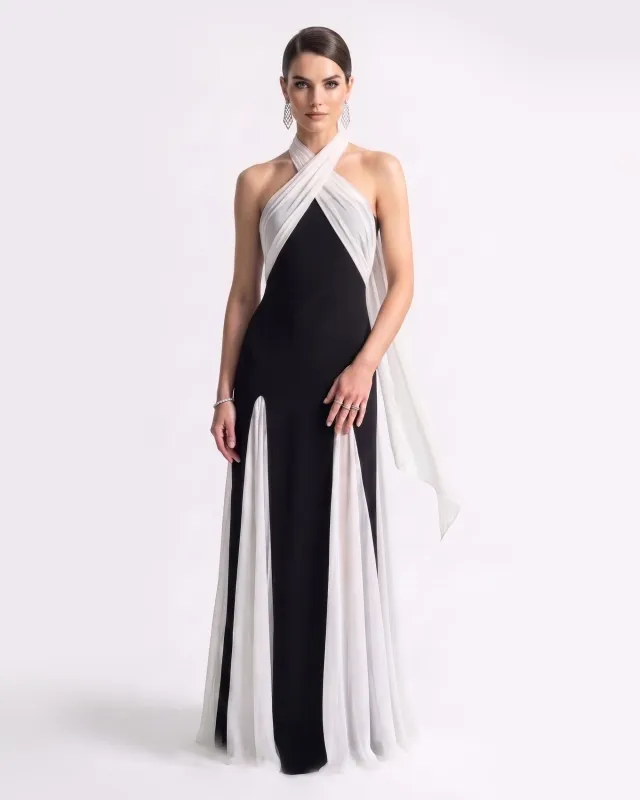 Cross Halter Draped Contrast Slit Maxi Gown - Black & White made by JW PEI
