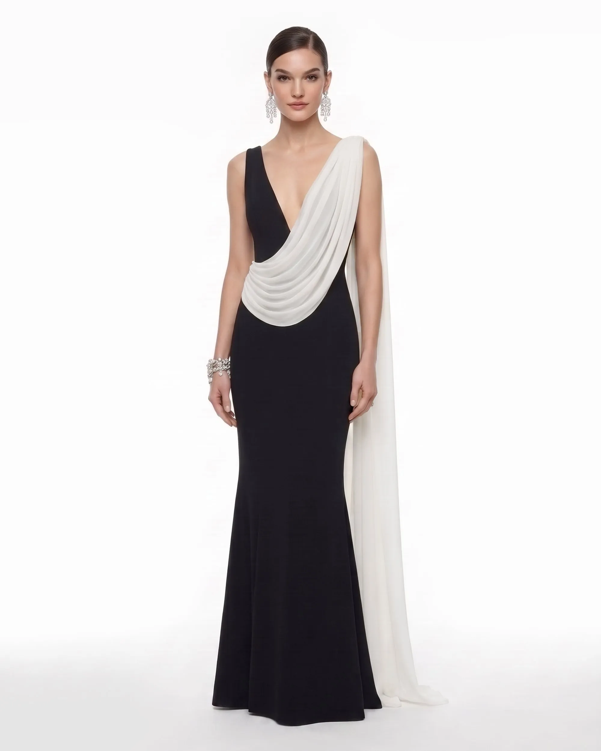 Deep V-Neck Draped Contrast Maxi Gown - Black & White sold by JW PEI