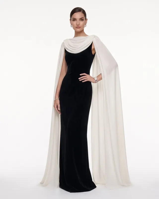 Cowl Neck Sheer Cape Maxi Gown - Black & White made by JW PEI