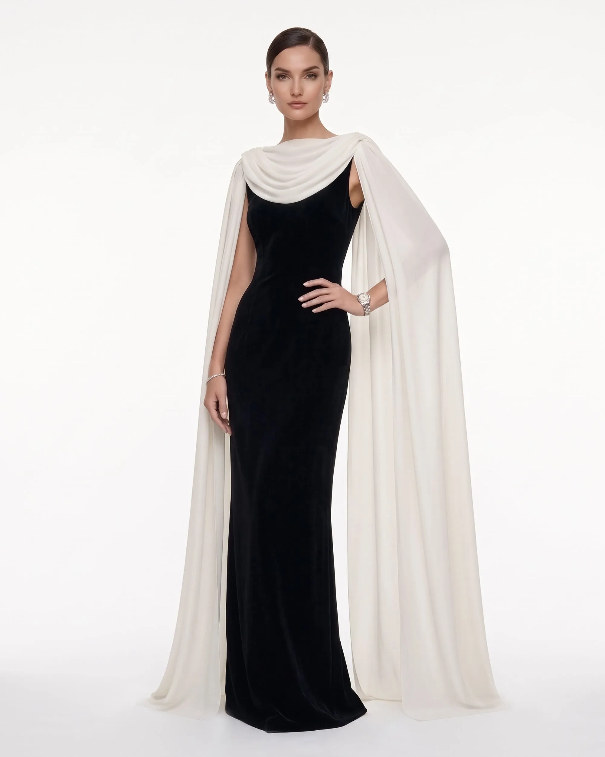 Cowl Neck Sheer Cape Maxi Gown - Black & White sold by JW PEI
