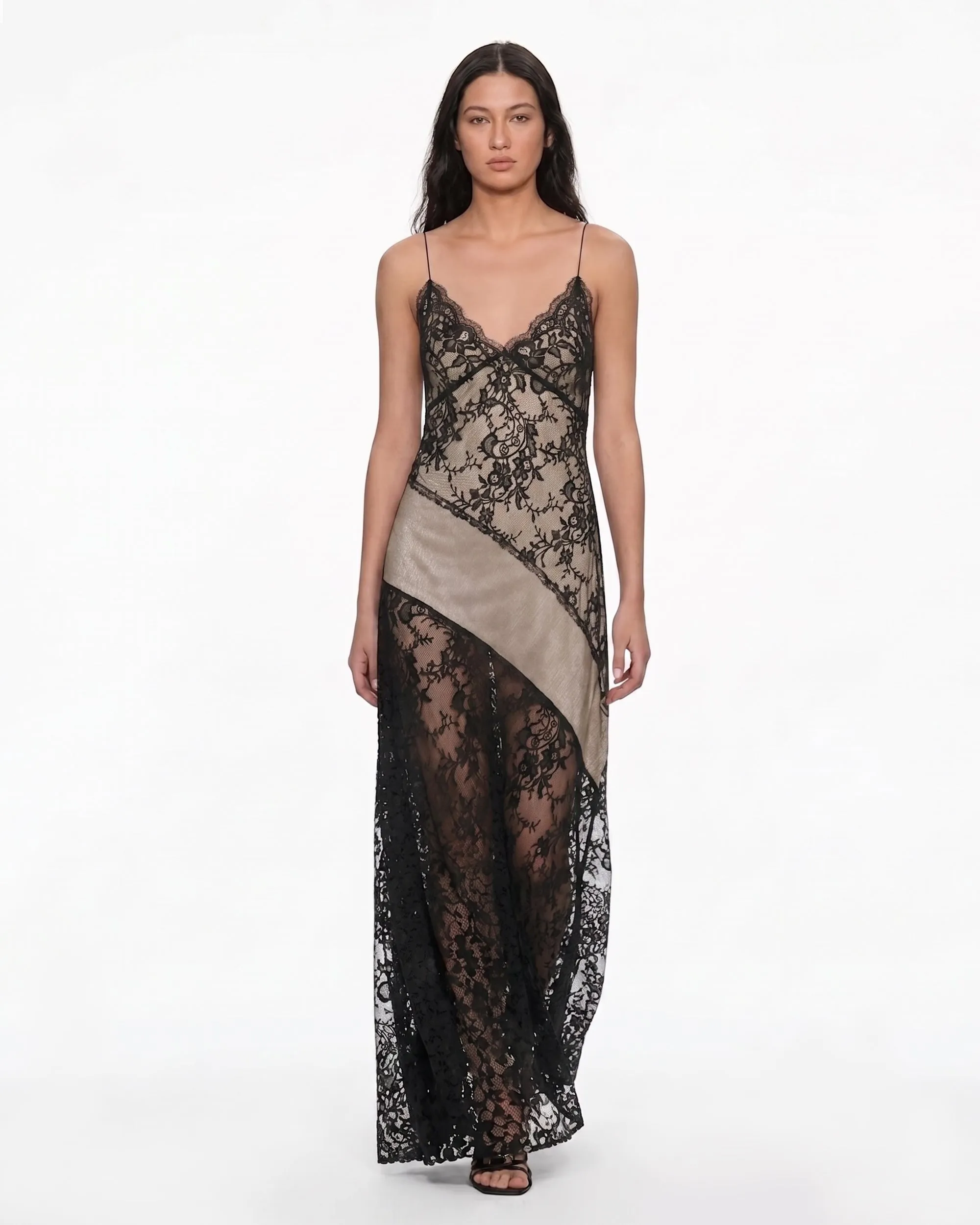 Sheer Lace Spaghetti Strap Maxi Dress - Black & Nude sold by JW PEI