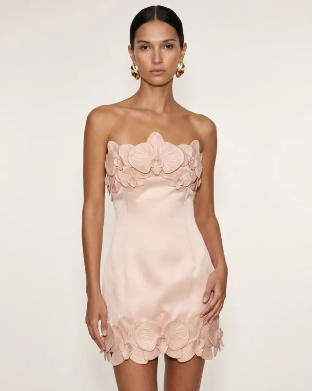 Orchid Trim Strapless Mini Dress - Nude made by JW PEI