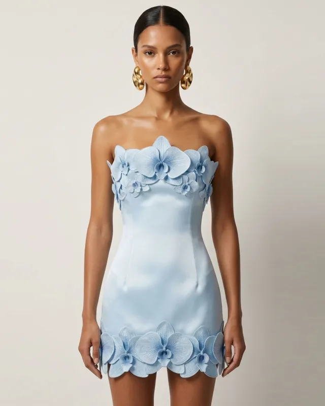 Orchid Trim Strapless Mini Dress - Blue made by JW PEI