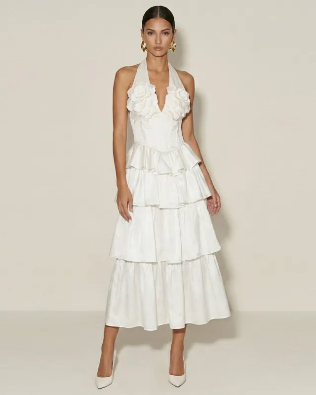 Flower Embroidered Tiered Halter Midi Dress - White made by JW PEI