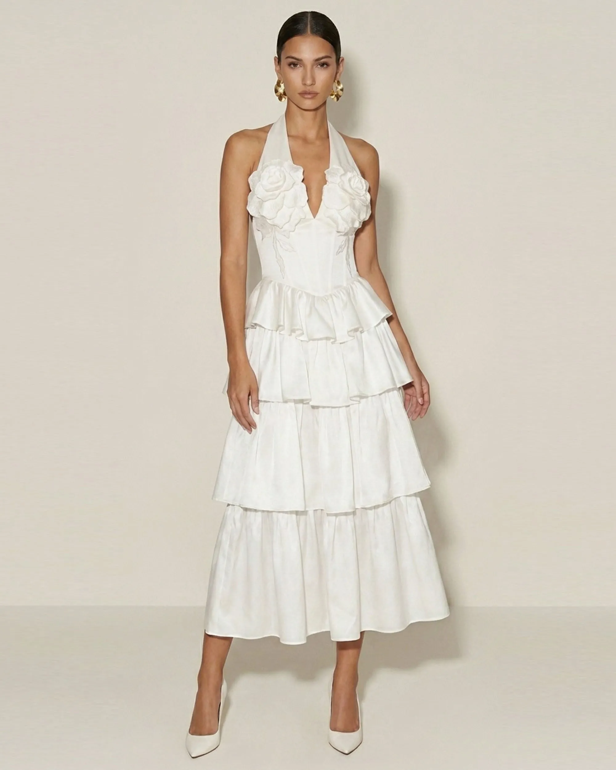 Flower Embroidered Tiered Halter Midi Dress - White sold by JW PEI