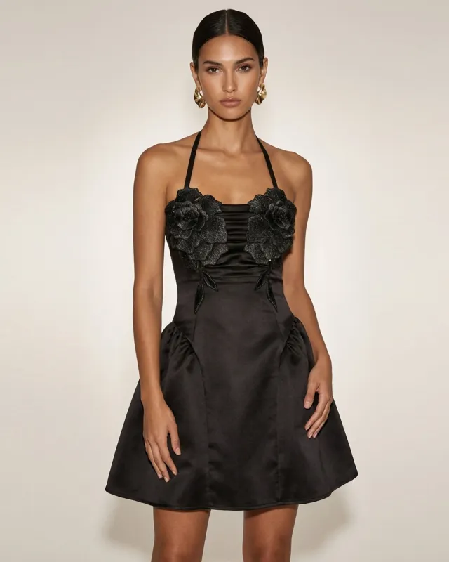 Flower Embroidered Halter Mini Dress - Black made by JW PEI