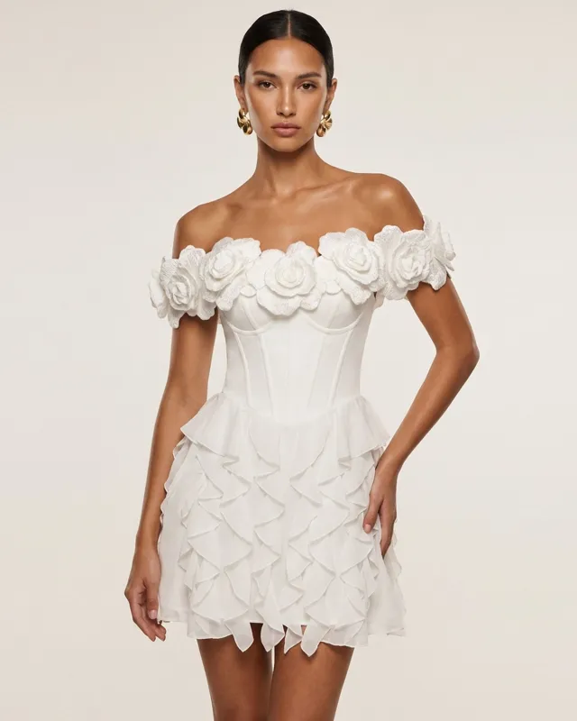 Flower Embroidered Off-Shoulder Corset Mini Dress - White made by JW PEI
