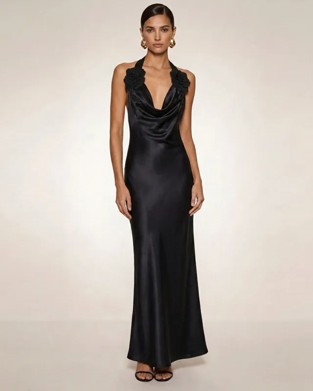 Flower Embroidered Cowl Halter Maxi Dress - Black made by JW PEI