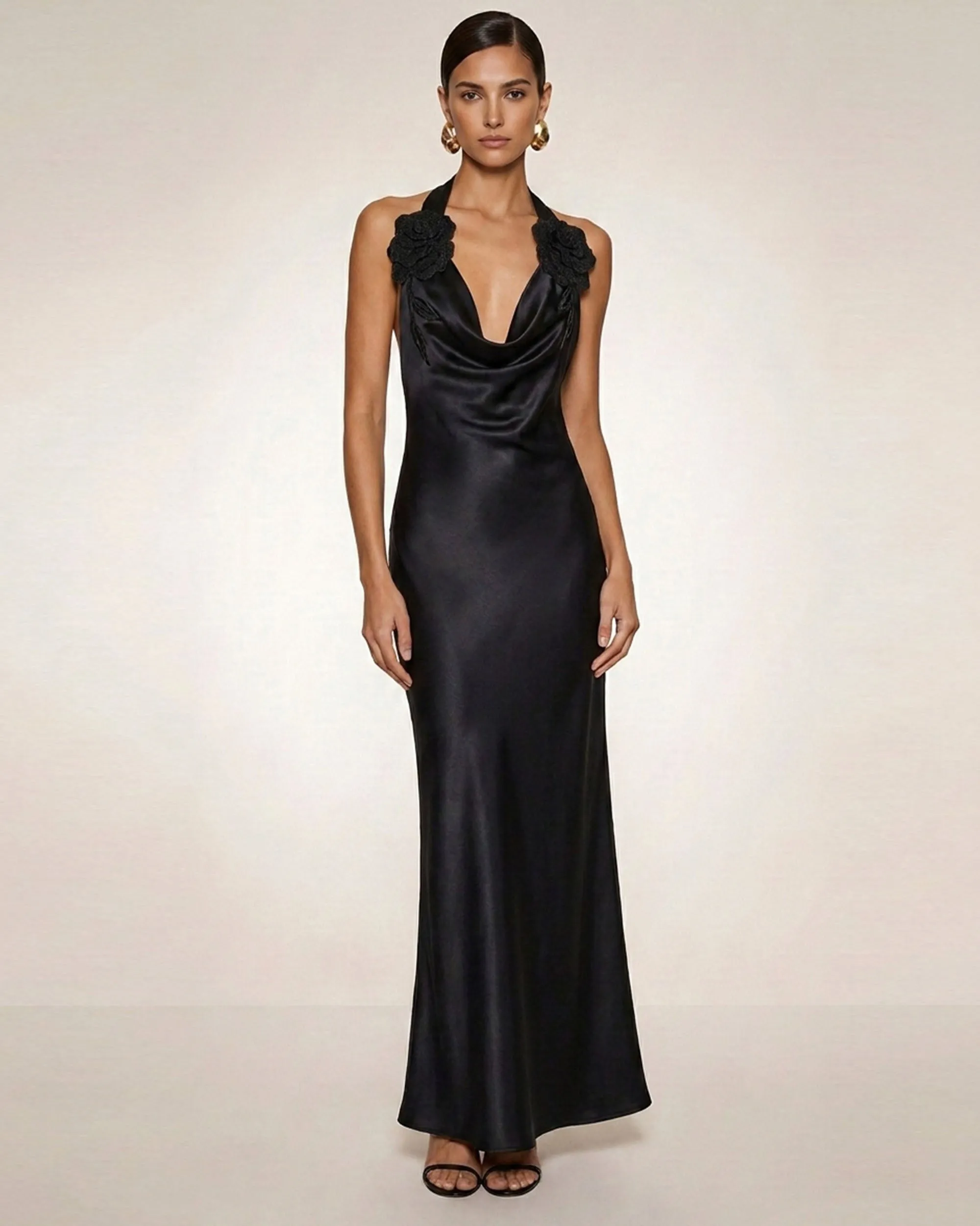 Flower Embroidered Cowl Halter Maxi Dress - Black sold by JW PEI