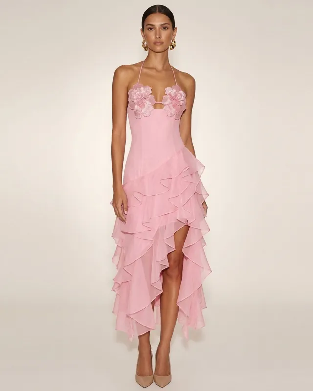 Flower Embroidered High-Low Ruffle Midi Dress - Blush Pink made by JW PEI