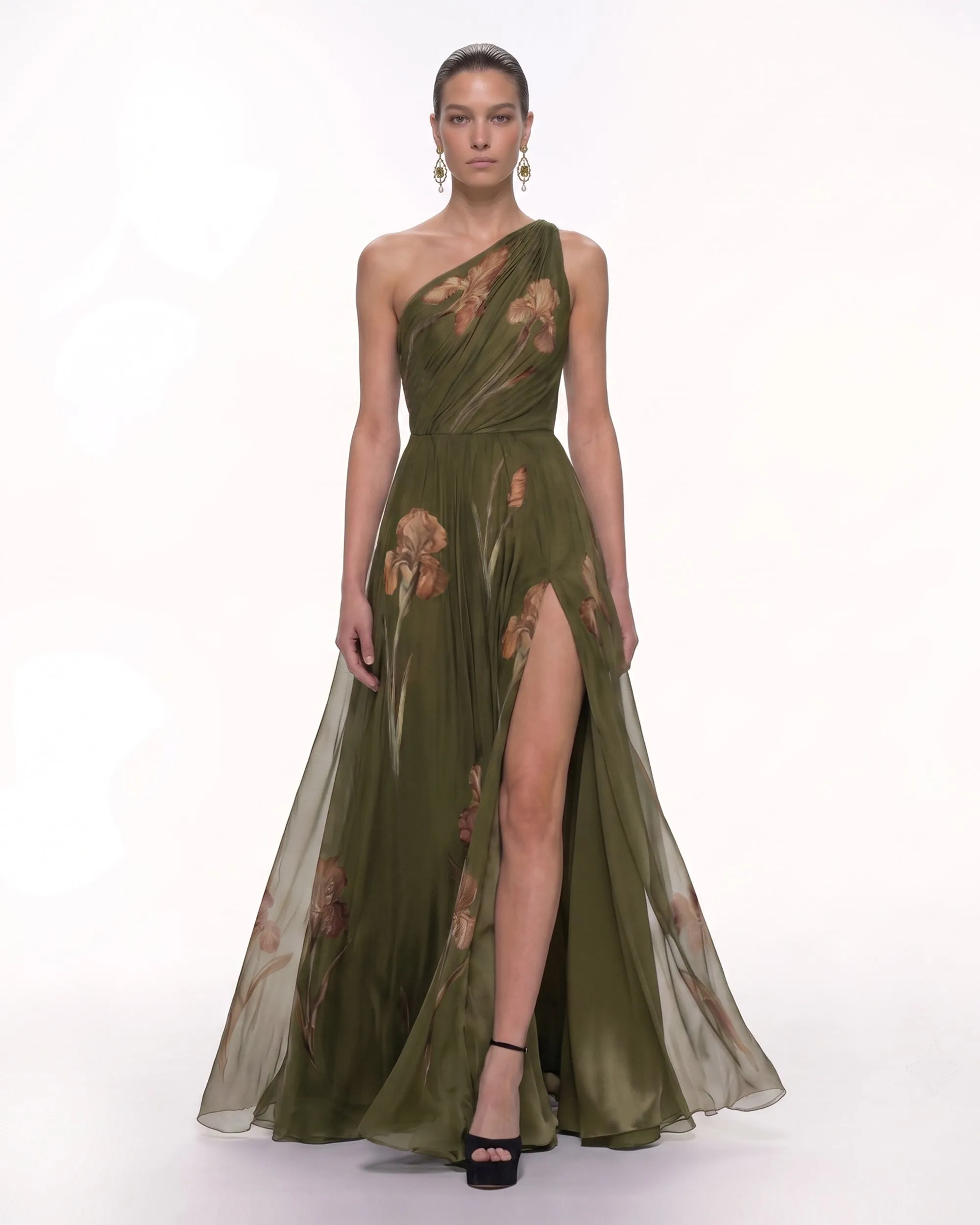 Floral One Shoulder Maxi Dress - Olive Green sold by JW PEI