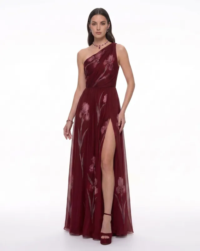 Floral One Shoulder Maxi Dress - Wine Red made by JW PEI