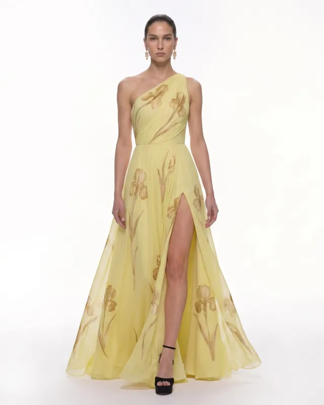Floral One Shoulder Maxi Dress - Pale Yellow made by JW PEI
