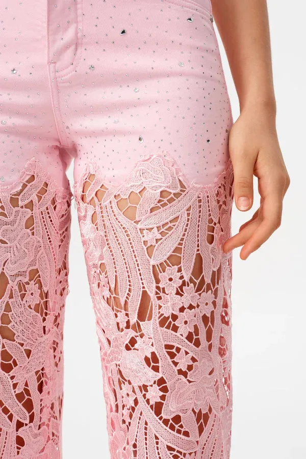 High-Rise Rhinestone Lace Wide-Leg Jeans - Pink sold by JW PEI product image thumbnail 4