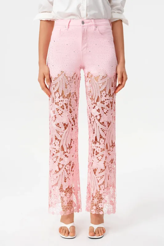 High-Rise Rhinestone Lace Wide-Leg Jeans - Pink made by JW PEI