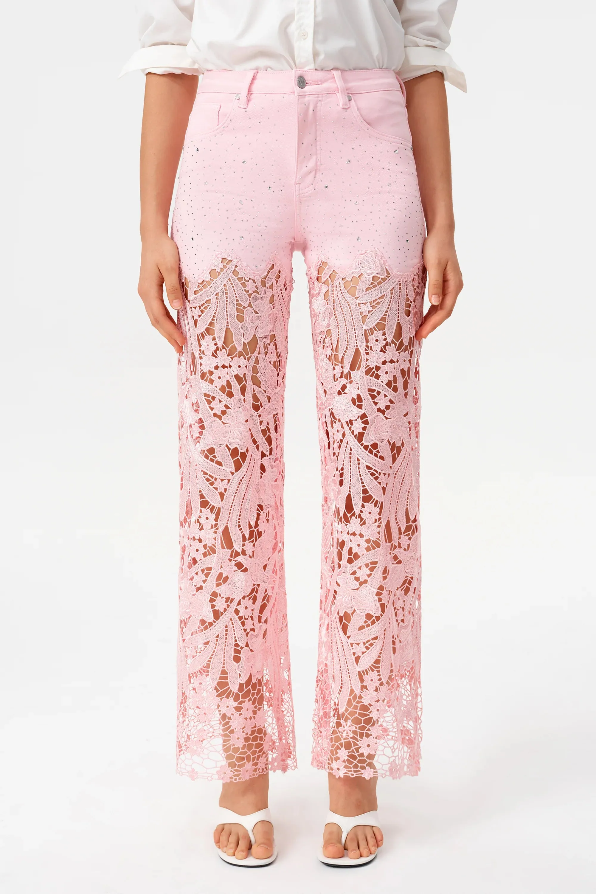 High-Rise Rhinestone Lace Wide-Leg Jeans - Pink sold by JW PEI