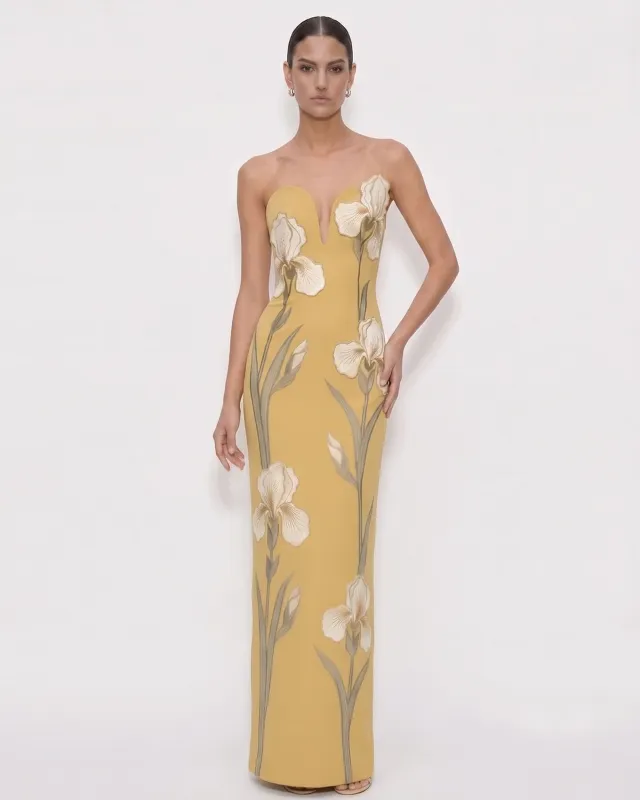Iris Embroidered
Notch Neck Strapless Maxi Dress
- Mustard Yellow made by JW PEI