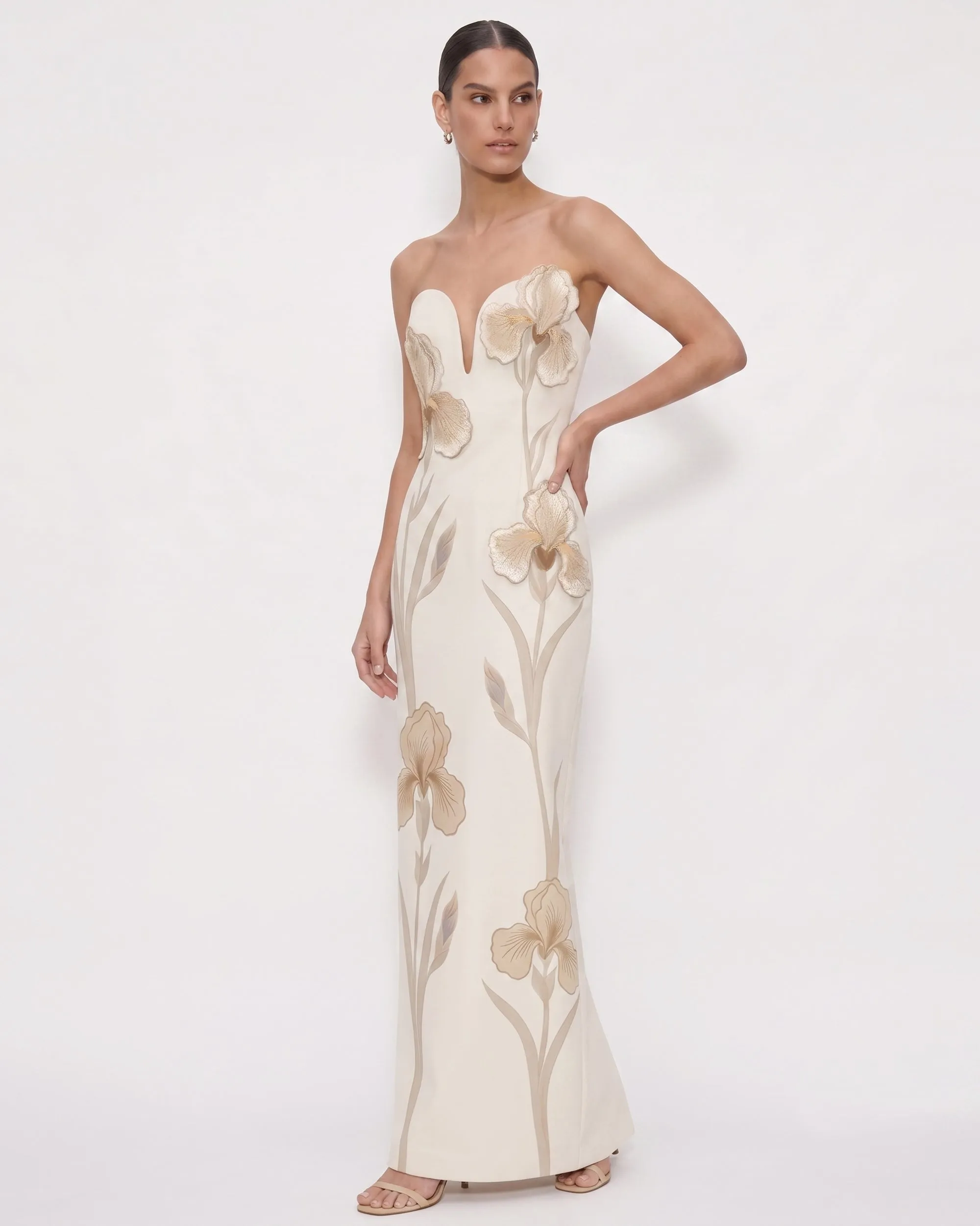 Iris Embroidered Notch Neck Strapless Maxi Dress - Alabaster sold by JW PEI