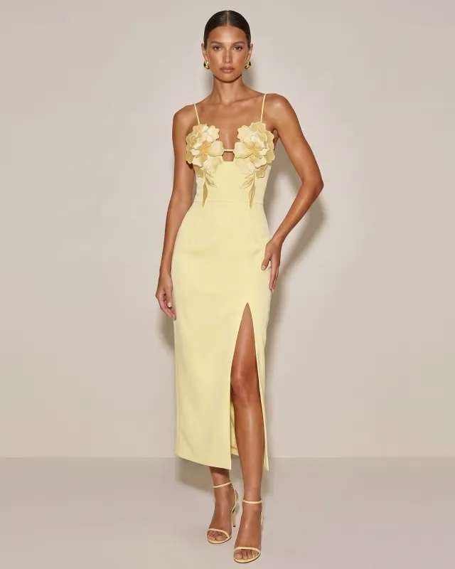 3D Floral Slit Maxi Dress - Butter Yellow made by JW PEI