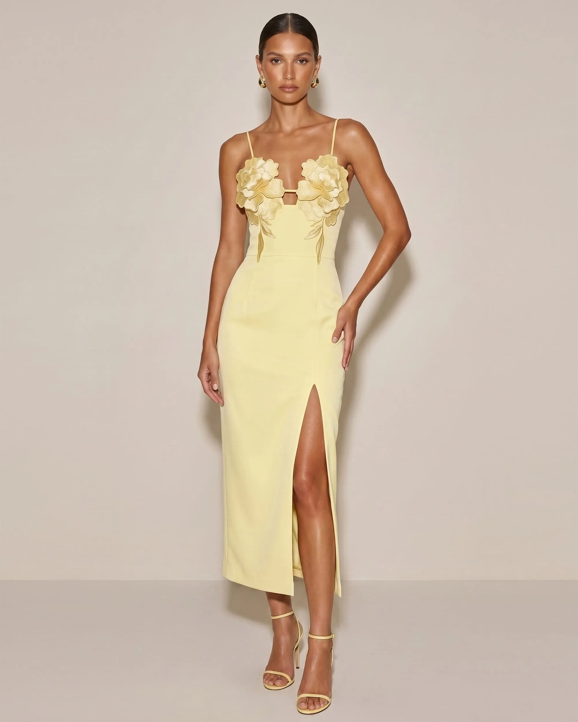 3D Floral Slit Maxi Dress - Butter Yellow sold by JW PEI