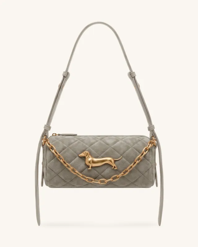 Lucienne Faux Suede Dachshund Quilted Chain Shoulder Bag - Light Grey made by JW PEI