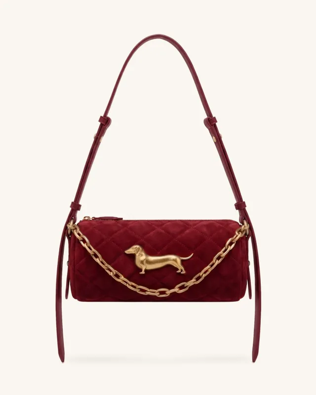 Lucienne Faux Suede Dachshund Quilted Chain Shoulder Bag - Burgundy made by JW PEI