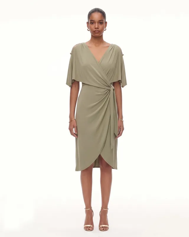 Draped Wrap Cape Sleeve Midi Dress - Olive Green made by JW PEI