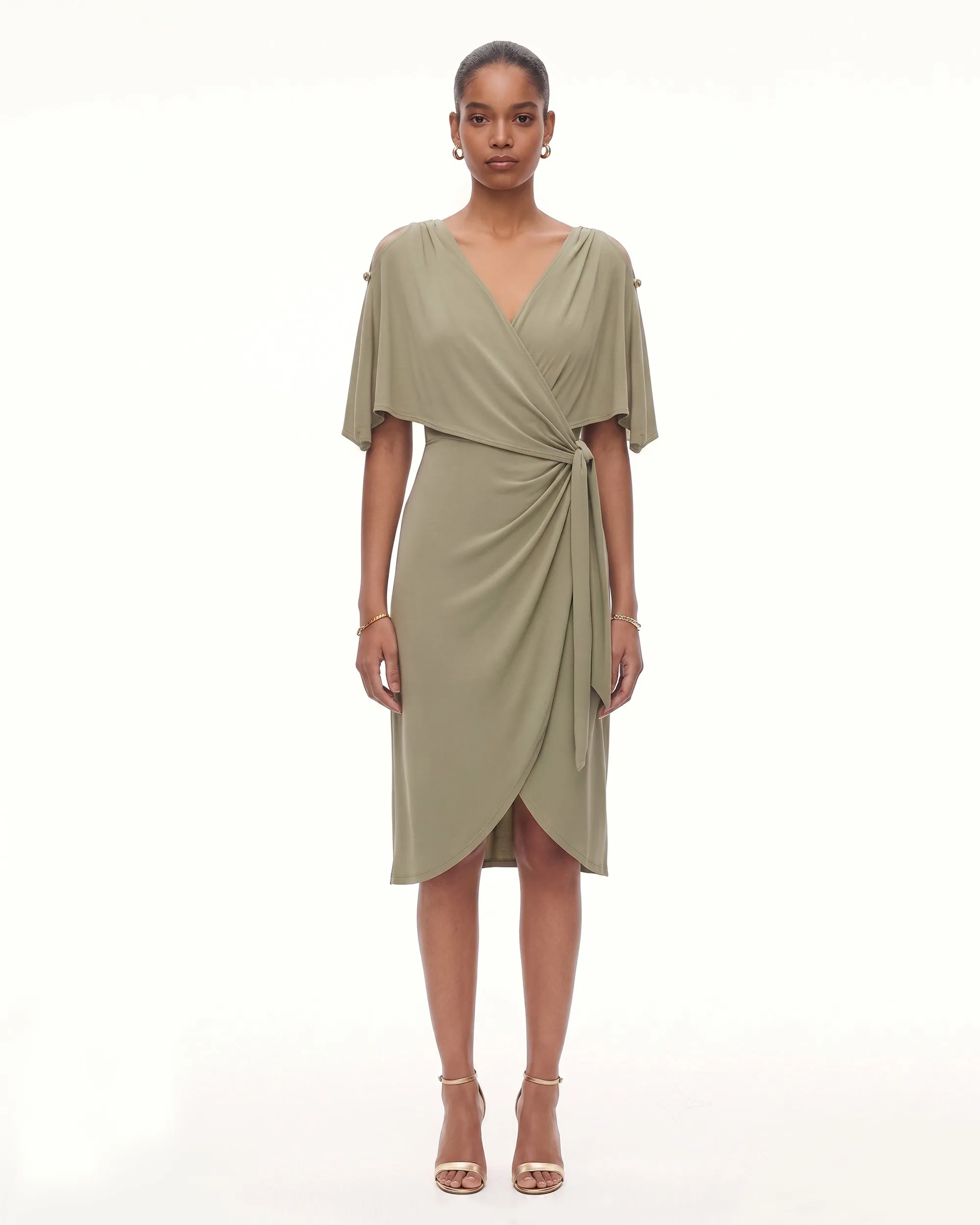 Draped Wrap Cape Sleeve Midi Dress - Olive Green sold by JW PEI
